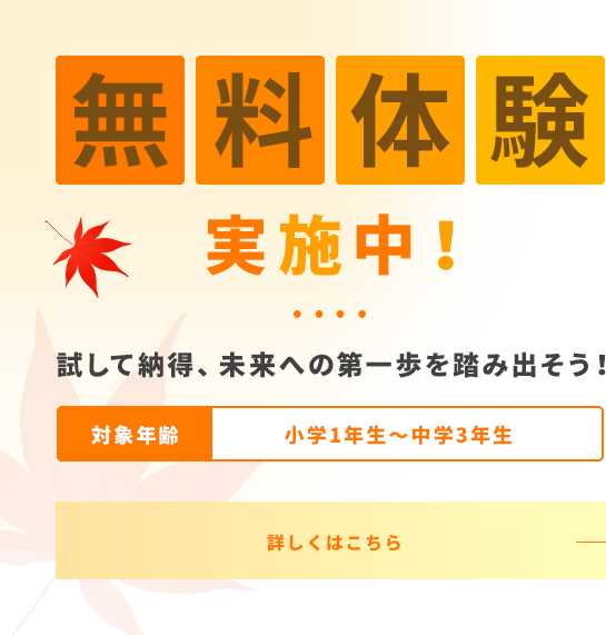 無料体験 実施中! 試して納得、未来への第一歩を踏み出そう! 対象年齢 小学1年生~中学3年生 詳しくはこちら